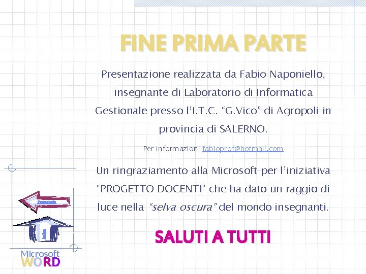 FINE PRIMA PARTE Presentazione realizzata da Fabio Naponiello, insegnante di Laboratorio di Informatica Gestionale