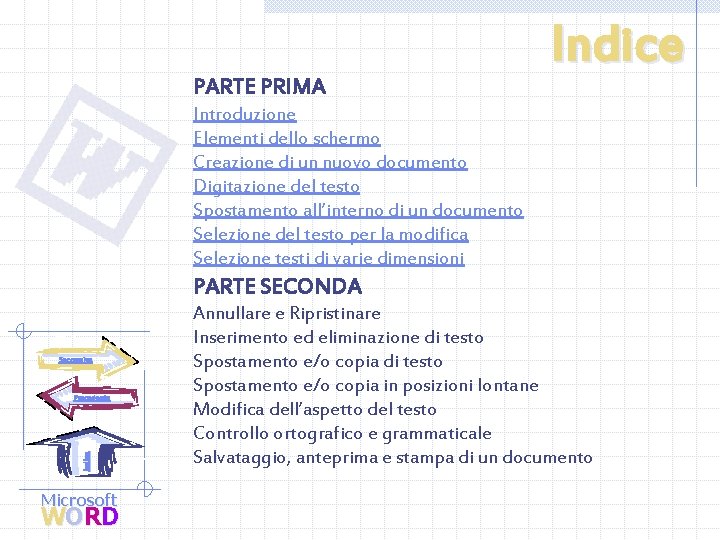 PARTE PRIMA Indice Introduzione Elementi dello schermo Creazione di un nuovo documento Digitazione del