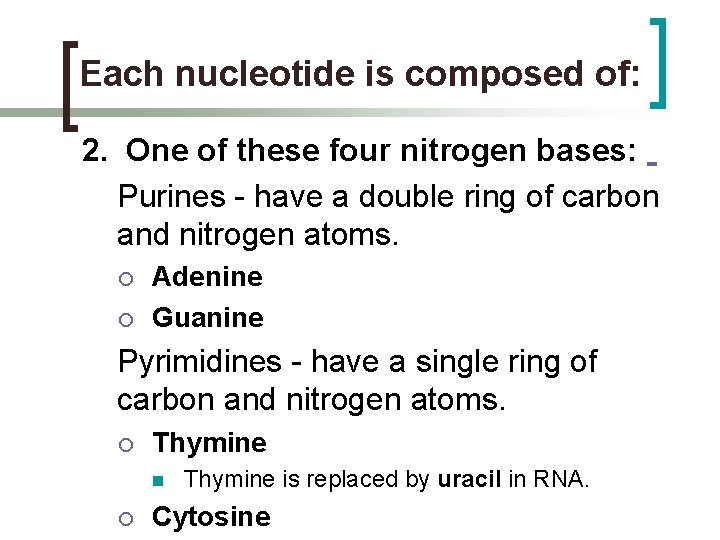 Each nucleotide is composed of: 2. One of these four nitrogen bases: Purines -