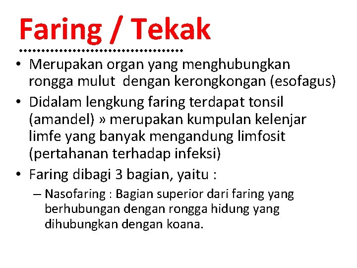 Faring / Tekak • Merupakan organ yang menghubungkan rongga mulut dengan kerongkongan (esofagus) •