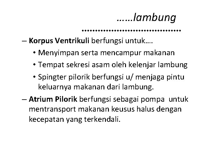 ……lambung – Korpus Ventrikuli berfungsi untuk…. • Menyimpan serta mencampur makanan • Tempat sekresi