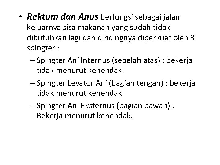  • Rektum dan Anus berfungsi sebagai jalan keluarnya sisa makanan yang sudah tidak