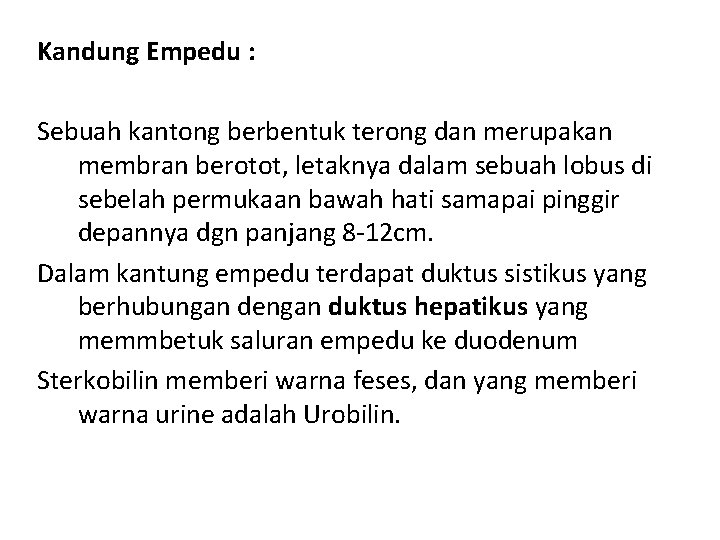 Kandung Empedu : Sebuah kantong berbentuk terong dan merupakan membran berotot, letaknya dalam sebuah