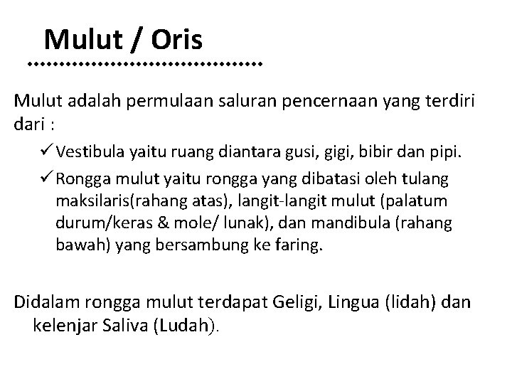 Mulut / Oris Mulut adalah permulaan saluran pencernaan yang terdiri dari : ü Vestibula