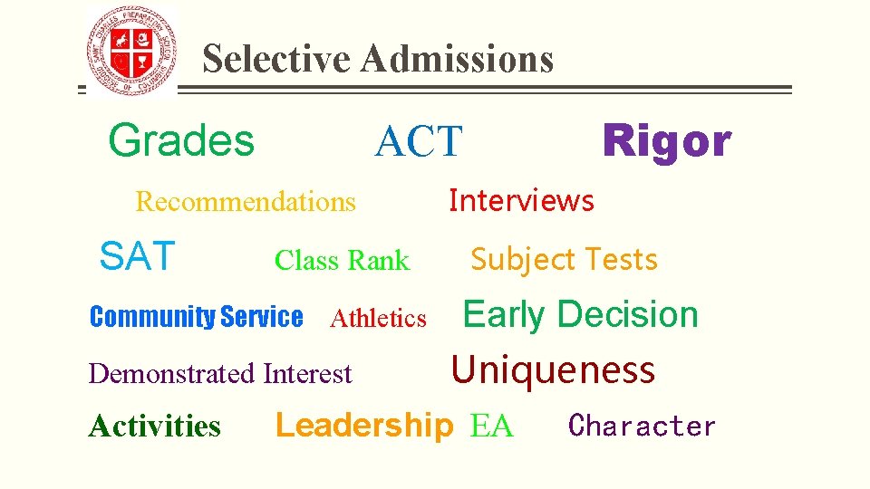 Selective Admissions Grades Recommendations SAT Class Rank Community Service Athletics Demonstrated Interest Activities Rigor