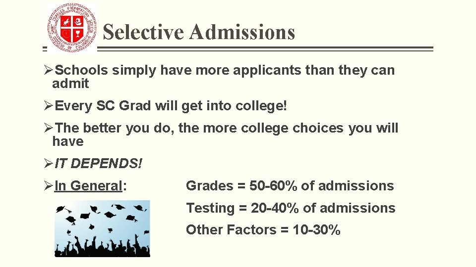 Selective Admissions ØSchools simply have more applicants than they can admit ØEvery SC Grad