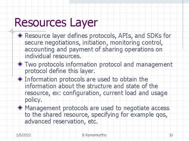 Resources Layer Resource layer defines protocols, APIs, and SDKs for secure negotiations, initiation, monitoring
