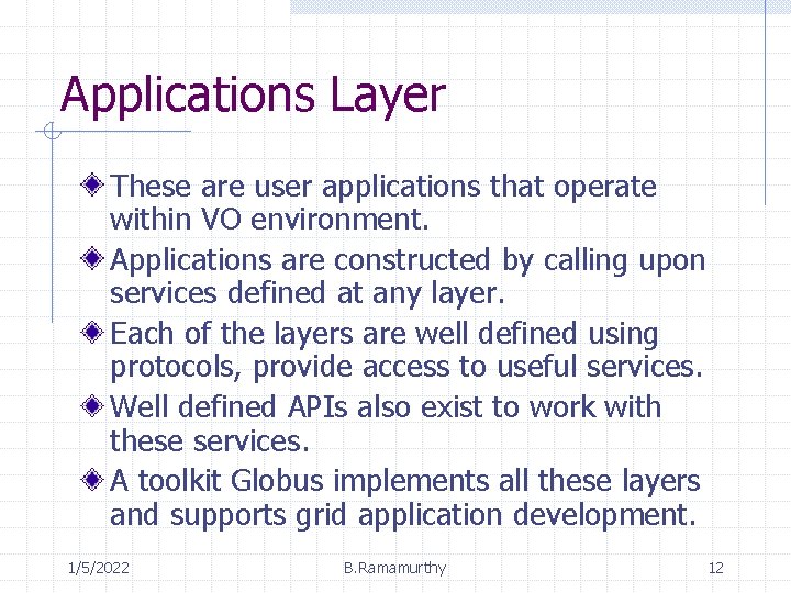 Applications Layer These are user applications that operate within VO environment. Applications are constructed