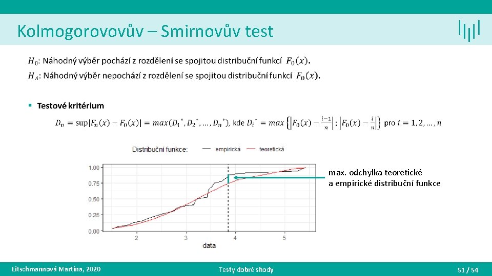 Kolmogorovovův – Smirnovův test • max. odchylka teoretické a empirické distribuční funkce Litschmannová Martina,