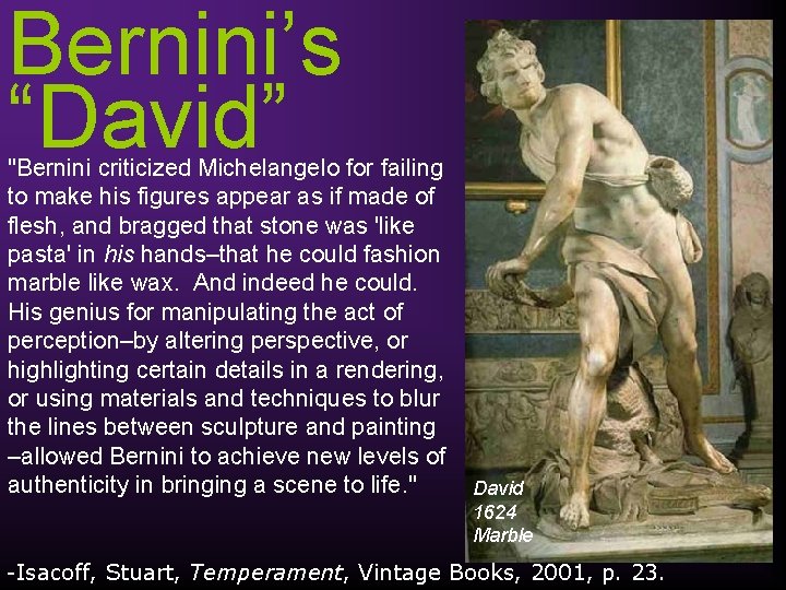 Bernini’s “David” "Bernini criticized Michelangelo for failing to make his figures appear as if