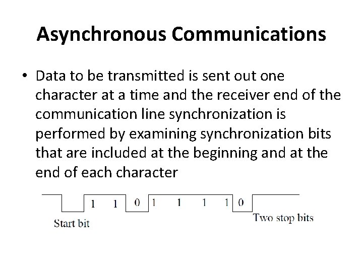 Asynchronous Communications • Data to be transmitted is sent out one character at a