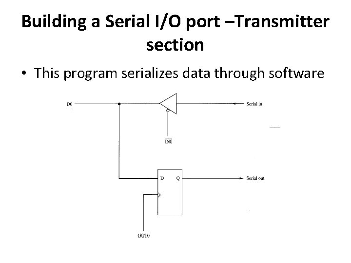 Building a Serial I/O port –Transmitter section • This program serializes data through software