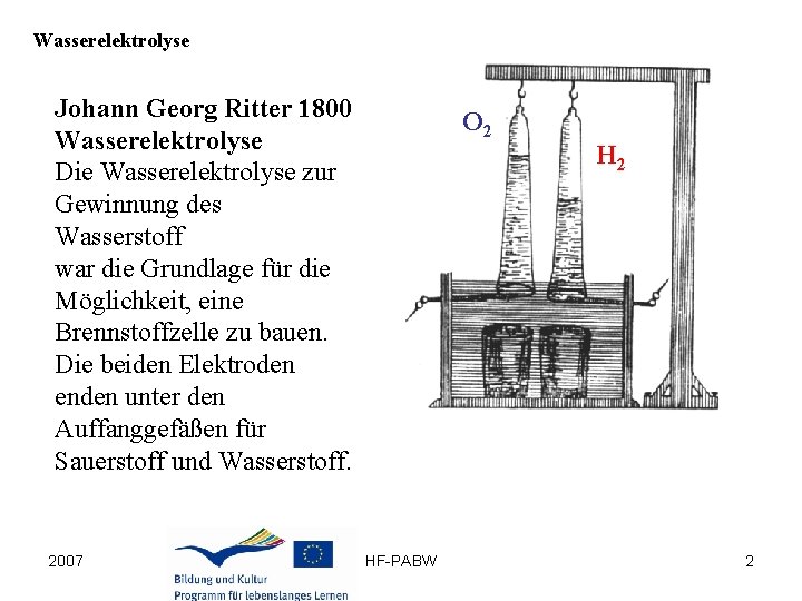 Wasserelektrolyse Johann Georg Ritter 1800 Wasserelektrolyse Die Wasserelektrolyse zur Gewinnung des Wasserstoff war die