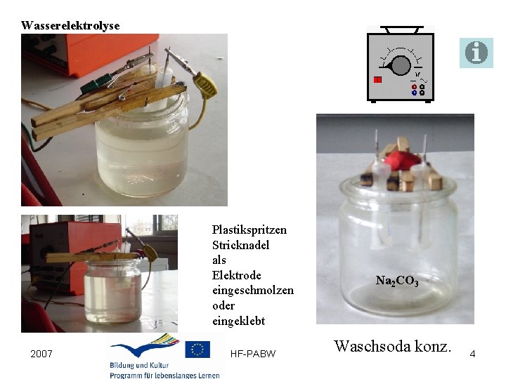 Wasserelektrolyse Plastikspritzen Stricknadel als Elektrode eingeschmolzen oder eingeklebt 2007 HF-PABW Na 2 CO 3
