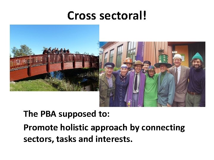 Cross sectoral! The PBA supposed to: Promote holistic approach by connecting sectors, tasks and