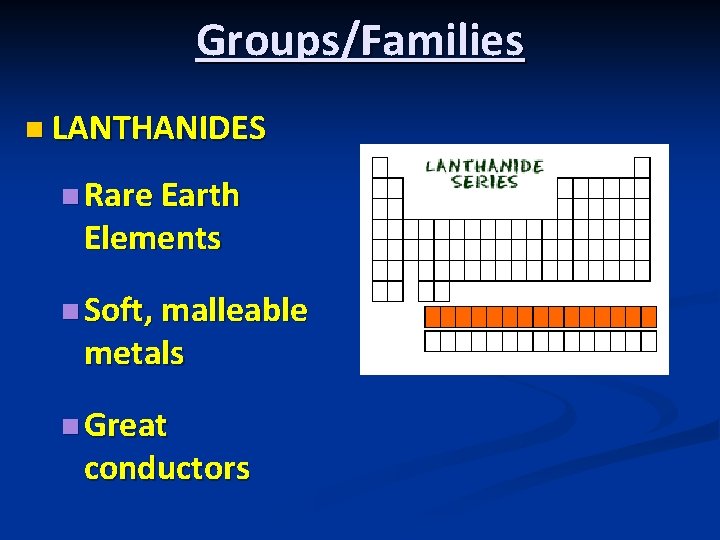 Groups/Families n LANTHANIDES n Rare Earth Elements n Soft, malleable metals n Great conductors