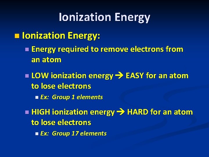 Ionization Energy n Ionization Energy: n Energy required to remove electrons from an atom