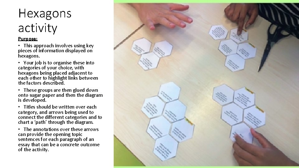Hexagons activity Purpose: • This approach involves using key pieces of information displayed on