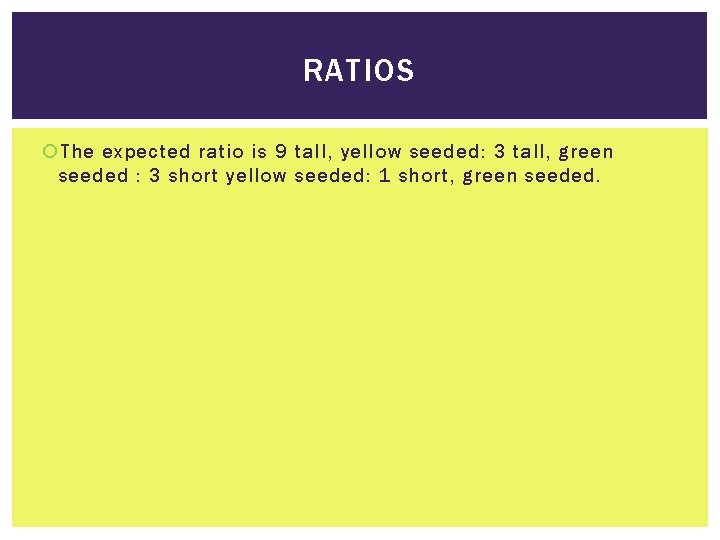 RATIOS The expected ratio is 9 tall, yellow seeded: 3 tall, green seeded :