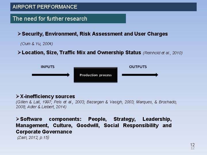 AIRPORT PERFORMANCE The need for further research ØSecurity, Environment, Risk Assessment and User Charges