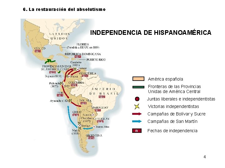 6. La restauración del absolutismo INDEPENDENCIA DE HISPANOAMÉRICA 1821 1823 1811 América española 1819