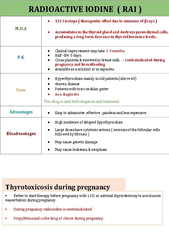 RADIOACTIVE IODINE ( RAI ) M. O. A P. K Uses ● 131 I