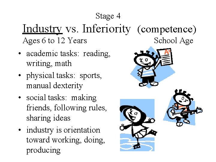 Stage 4 Industry vs. Inferiority (competence) Ages 6 to 12 Years • academic tasks: