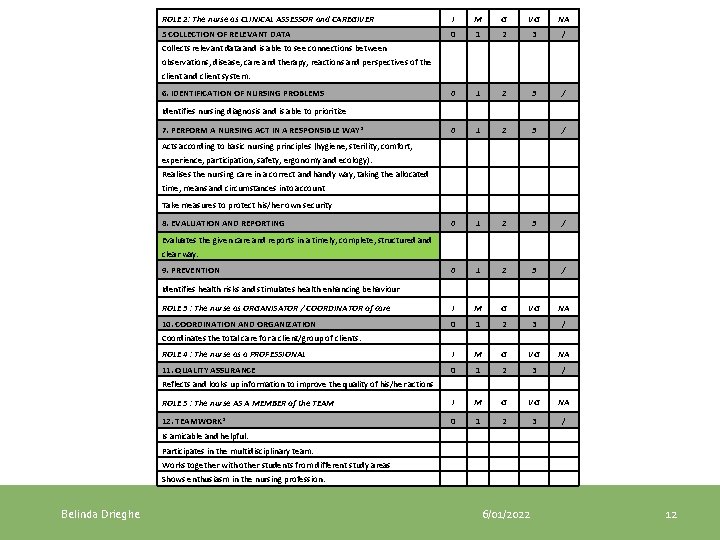 ROLE 2: The nurse as CLINICAL ASSESSOR and CAREGIVER I M G VG NA