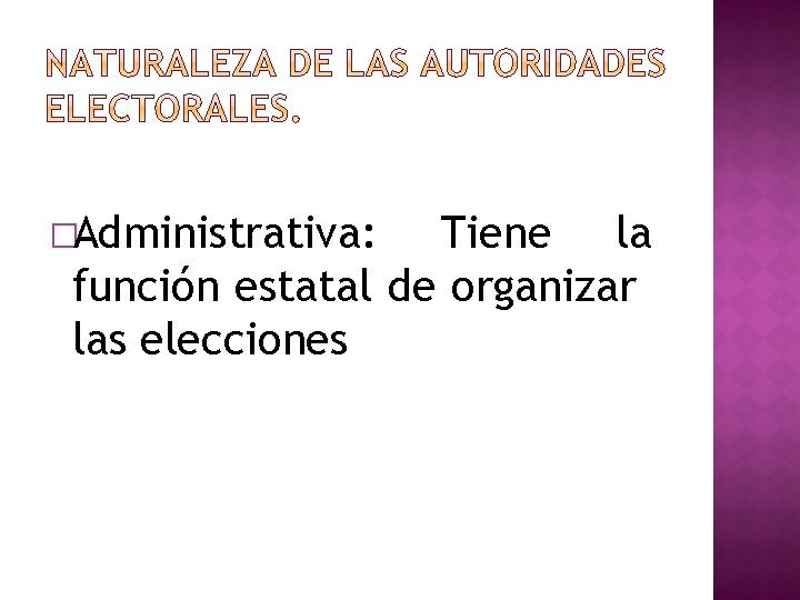 �Administrativa: Tiene la función estatal de organizar las elecciones 