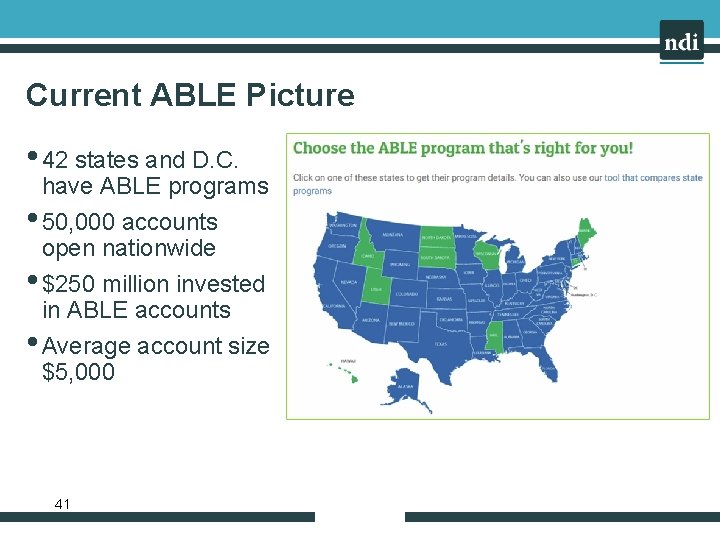 Current ABLE Picture • 42 states and D. C. have ABLE programs • 50,