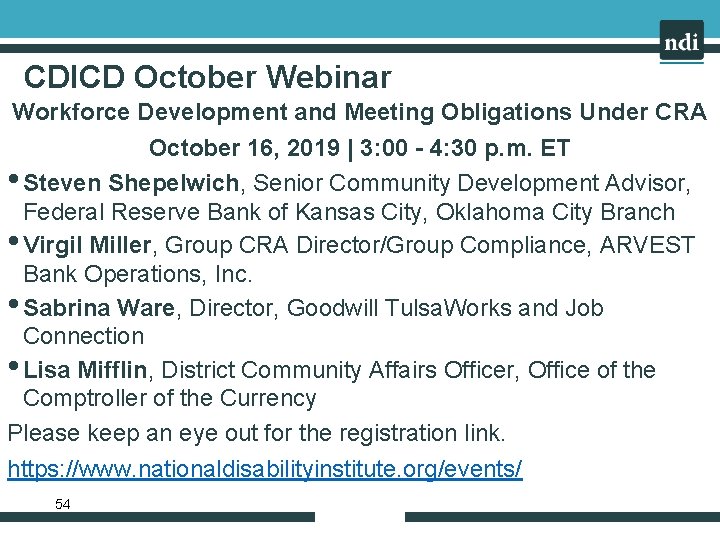 CDICD October Webinar Workforce Development and Meeting Obligations Under CRA October 16, 2019 |