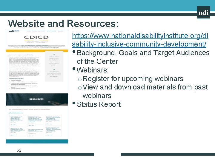 Website and Resources: https: //www. nationaldisabilityinstitute. org/di sability-inclusive-community-development/ • Background, Goals and Target Audiences