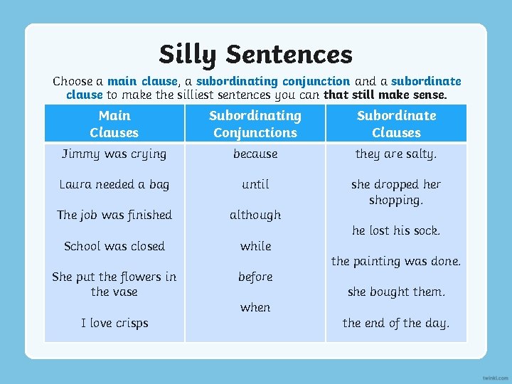 Silly Sentences Choose a main clause, a subordinating conjunction and a subordinate clause to