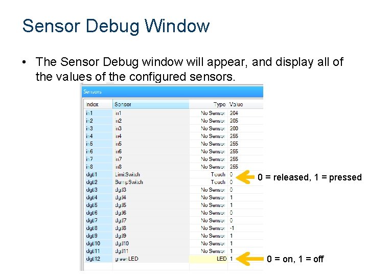 Sensor Debug Window • The Sensor Debug window will appear, and display all of