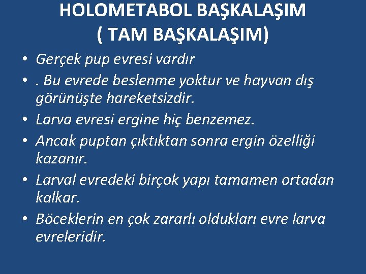 HOLOMETABOL BAŞKALAŞIM ( TAM BAŞKALAŞIM) • Gerçek pup evresi vardır • . Bu evrede