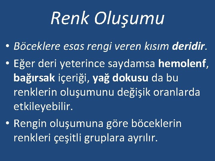 Renk Oluşumu • Böceklere esas rengi veren kısım deridir. • Eğer deri yeterince saydamsa