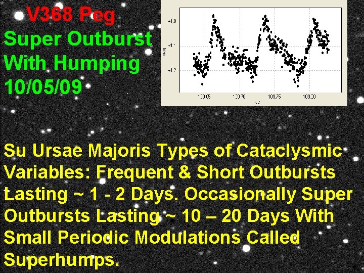 V 368 Peg Super Outburst With Humping 10/05/09 Su Ursae Majoris Types of Cataclysmic