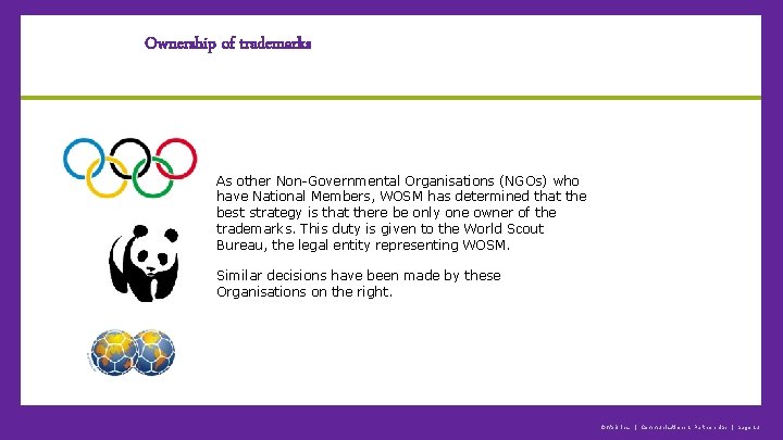 Ownership of trademarks As other Non-Governmental Organisations (NGOs) who have National Members, WOSM has