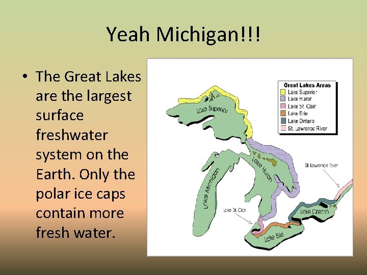 Yeah Michigan!!! • The Great Lakes are the largest surface freshwater system on the