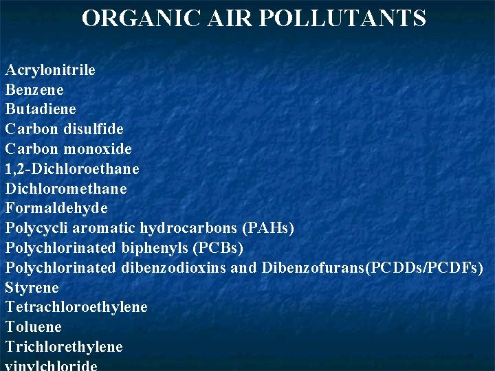 ORGANIC AIR POLLUTANTS Acrylonitrile Benzene Butadiene Carbon disulfide Carbon monoxide 1, 2 -Dichloroethane Dichloromethane