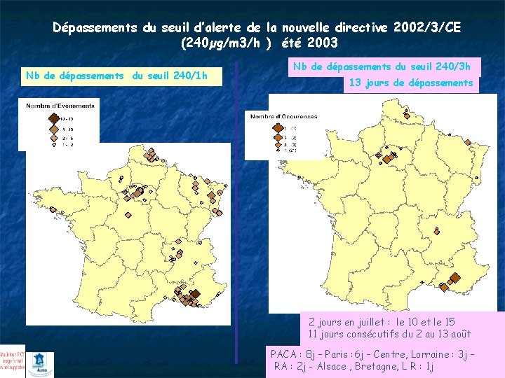 Dépassements du seuil d’alerte de la nouvelle directive 2002/3/CE (240µg/m 3/h ) été 2003