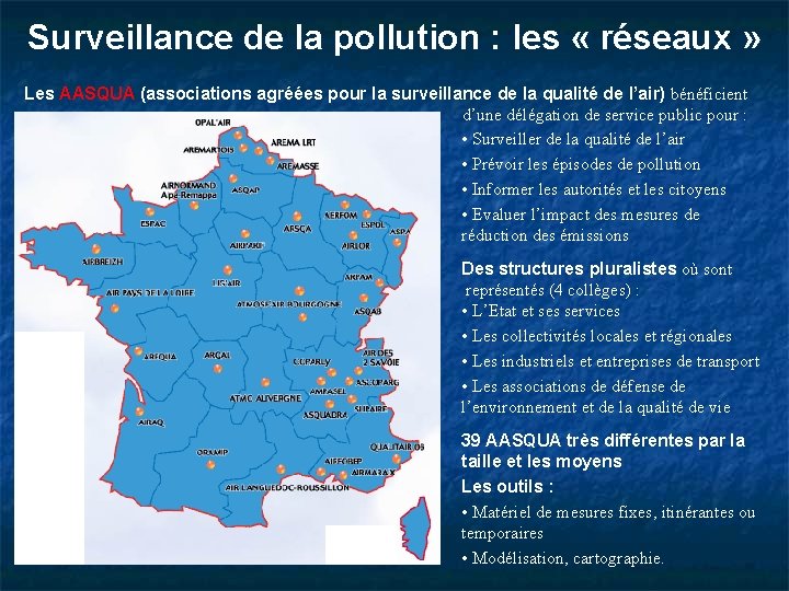 Surveillance de la pollution : les « réseaux » Les AASQUA (associations agréées pour