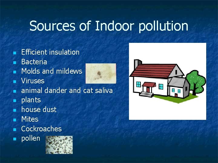 Sources of Indoor pollution n n Efficient insulation Bacteria Molds and mildews Viruses animal