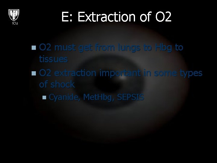 E: Extraction of O 2 ICU O 2 must get from lungs to Hbg
