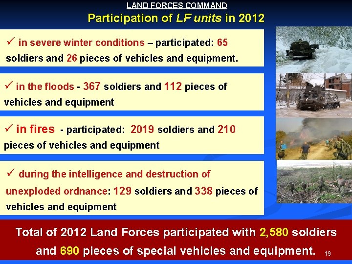 LAND FORCES COMMAND Participation of LF units in 2012 ü in severe winter conditions