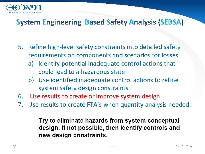 System Engineering Based Safety Analysis (SEBSA) 5. Refine high-level safety constraints into detailed safety