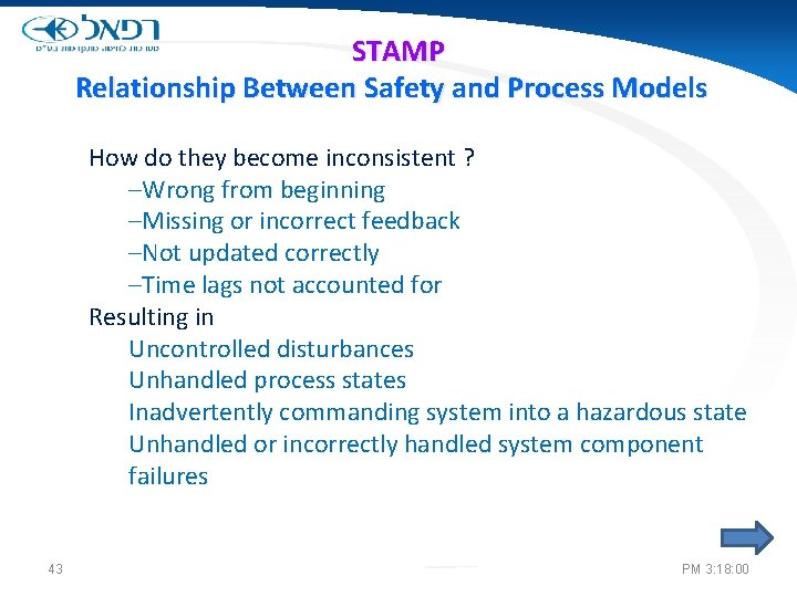 STAMP Relationship Between Safety and Process Models How do they become inconsistent ? –Wrong