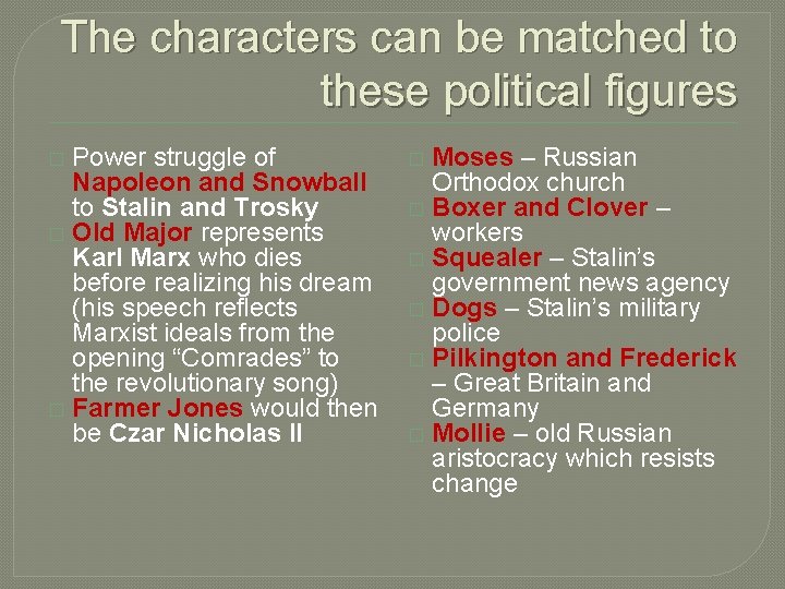 The characters can be matched to these political figures Power struggle of Napoleon and