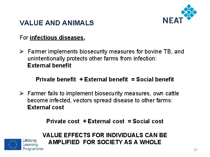 VALUE AND ANIMALS For infectious diseases, Ø Farmer implements biosecurity measures for bovine TB,