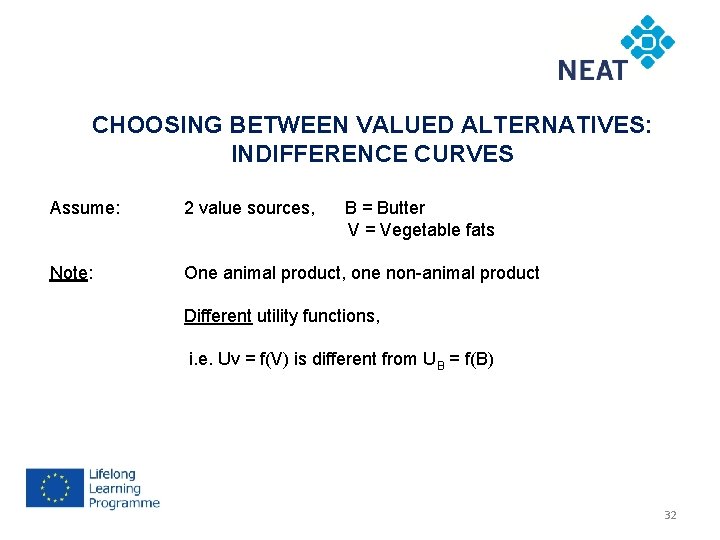 CHOOSING BETWEEN VALUED ALTERNATIVES: INDIFFERENCE CURVES Assume: 2 value sources, B = Butter V